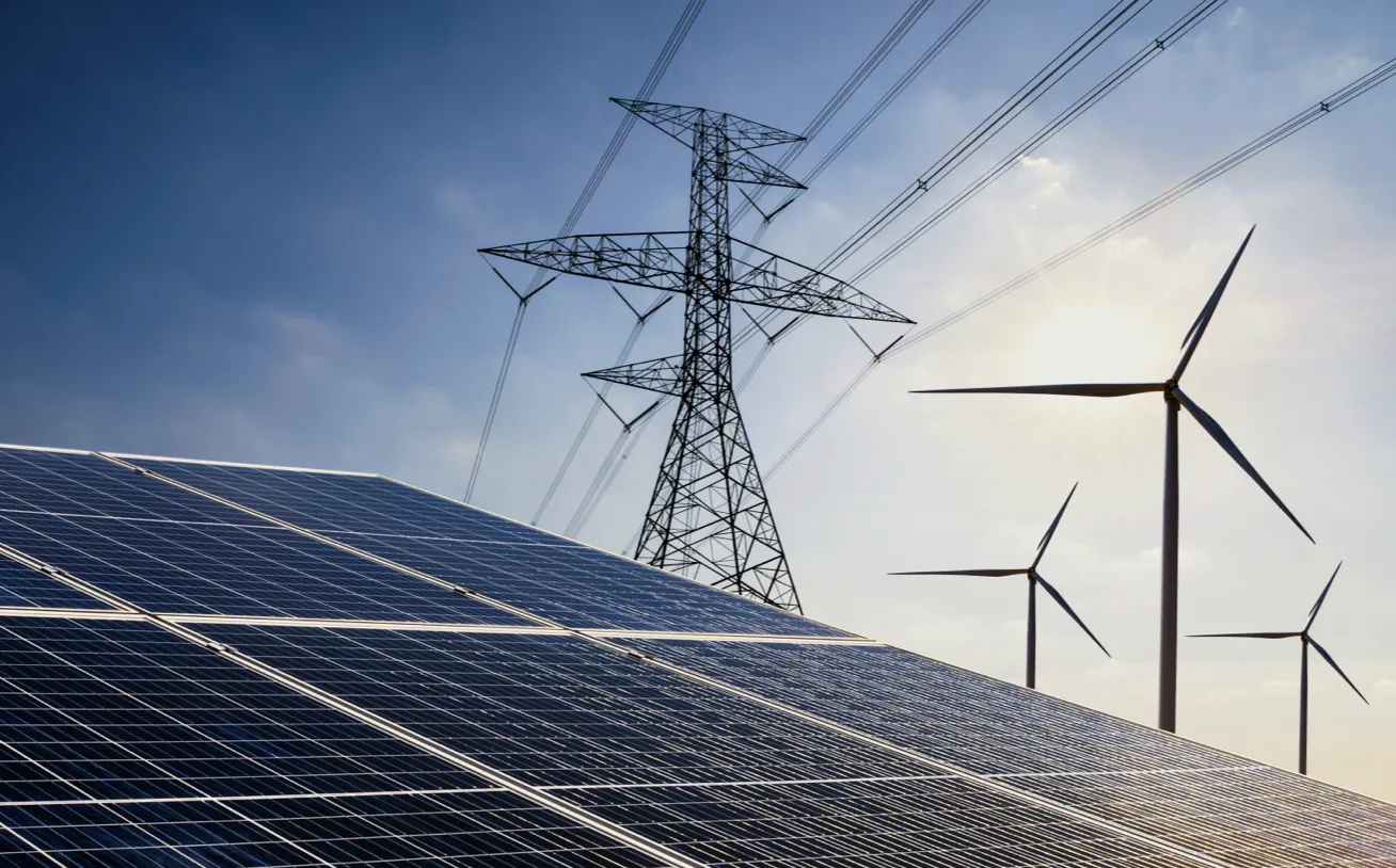 PowerPlan - solar panels, transmission tower, and wind turbines.